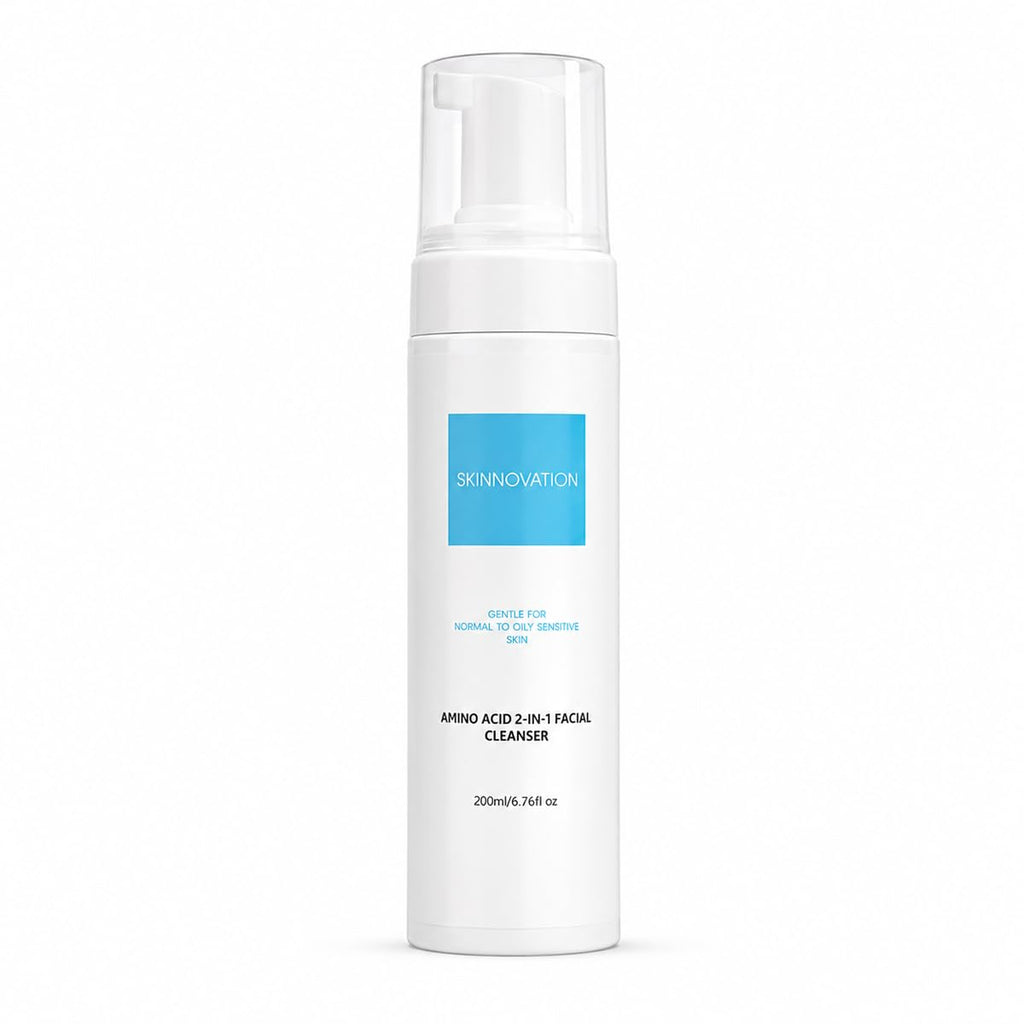 A white pump bottle of Skinnovation Mino Acid 2-in-1 Facial Cleanser with a blue label block, set against a plain white background.