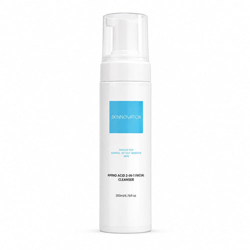 A white pump bottle of Skinnovation Mino Acid 2-in-1 Facial Cleanser with a blue label block, set against a plain white background.
