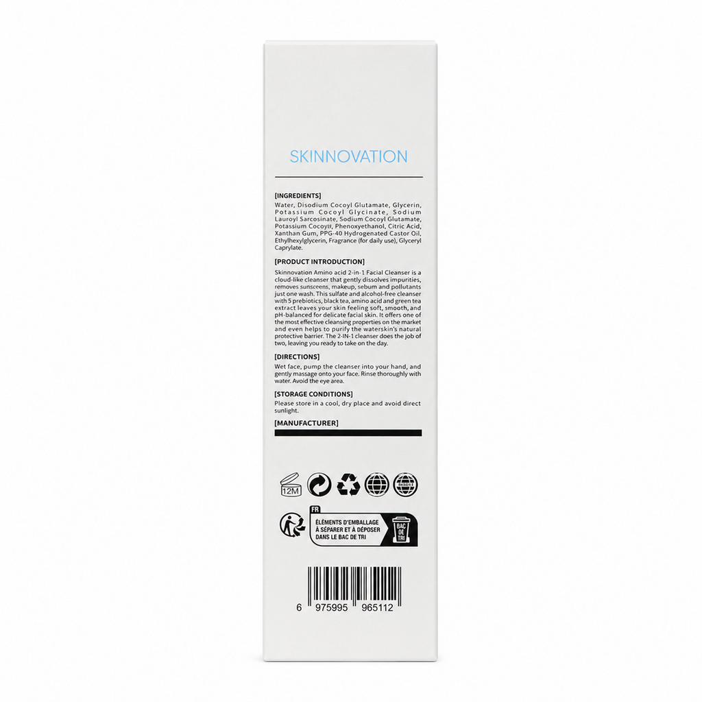 The back of a tall white rectangular skincare bottle or box with blue 'SKINNOVATION' text at the top and dense black ingredient, directions, and icons printed below, shown on a plain white background.